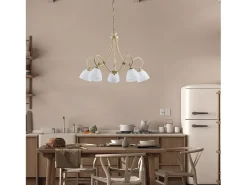 Lámpara Suspendida-Dallas - Lámpara de araña con efecto decapé y cristal blanco, acabado oro antiguo, 5 luces Marfil
