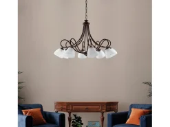 Lámpara Suspendida-Dallas - Lámpara de araña negra con acabado óxido y oro antiguo, cristal blanco, 8 luces Marru00f3n chocolate