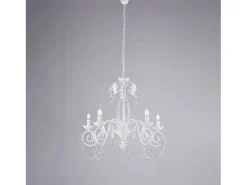 Lámpara Suspendida-Damasco - Lámpara blanca shabby chic con pedrería de cristal, 5 luces Ø63 cm Blanco