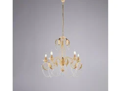 Sale Damasco - Lámpara de hierro lacado con decoración. Efecto decapé y acabados en oro antiguo con pedrería de cristal 5 luces 125 - Ø63 Marfil