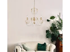 Lámpara Suspendida-Damasco - Lámpara de hierro lacado con decoración. Efecto decapé y acabados oro antiguo con pedrería de cristal 3 luces 120 - Ø47 Marfil