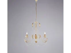 Lámpara Suspendida-Damasco - Lámpara de hierro lacado con decoración. Efecto decapé y acabados oro antiguo con pedrería de cristal 3 luces 120 - Ø47 Marfil