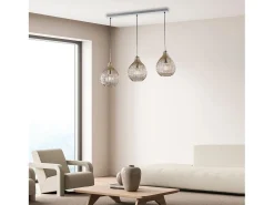 Lámpara Suspendida-Diamante - Pista blanca y cromo con cristal ámbar decorado y cables orientables, 3 luces Blanco