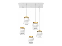 Lámpara Suspendida-Drum Sosp. Rettangolare Bianco 5 Luci Vetri Piccoli Decoro Oro Opaco Dorado