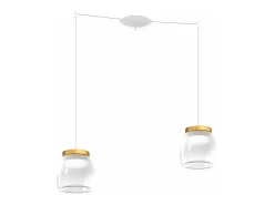 Lámpara Suspendida-Drum Sosp. Spostabile Bianco 2 Luci Vetri Piccoli Decoro Oro Opaco Dorado