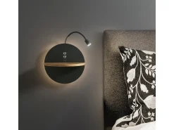 Aplique Para Pared-Dual - Aplique de pared con estante y luz LED 15W Fabas Luce Touch dimmer - mate con USB integrado en madera Negro