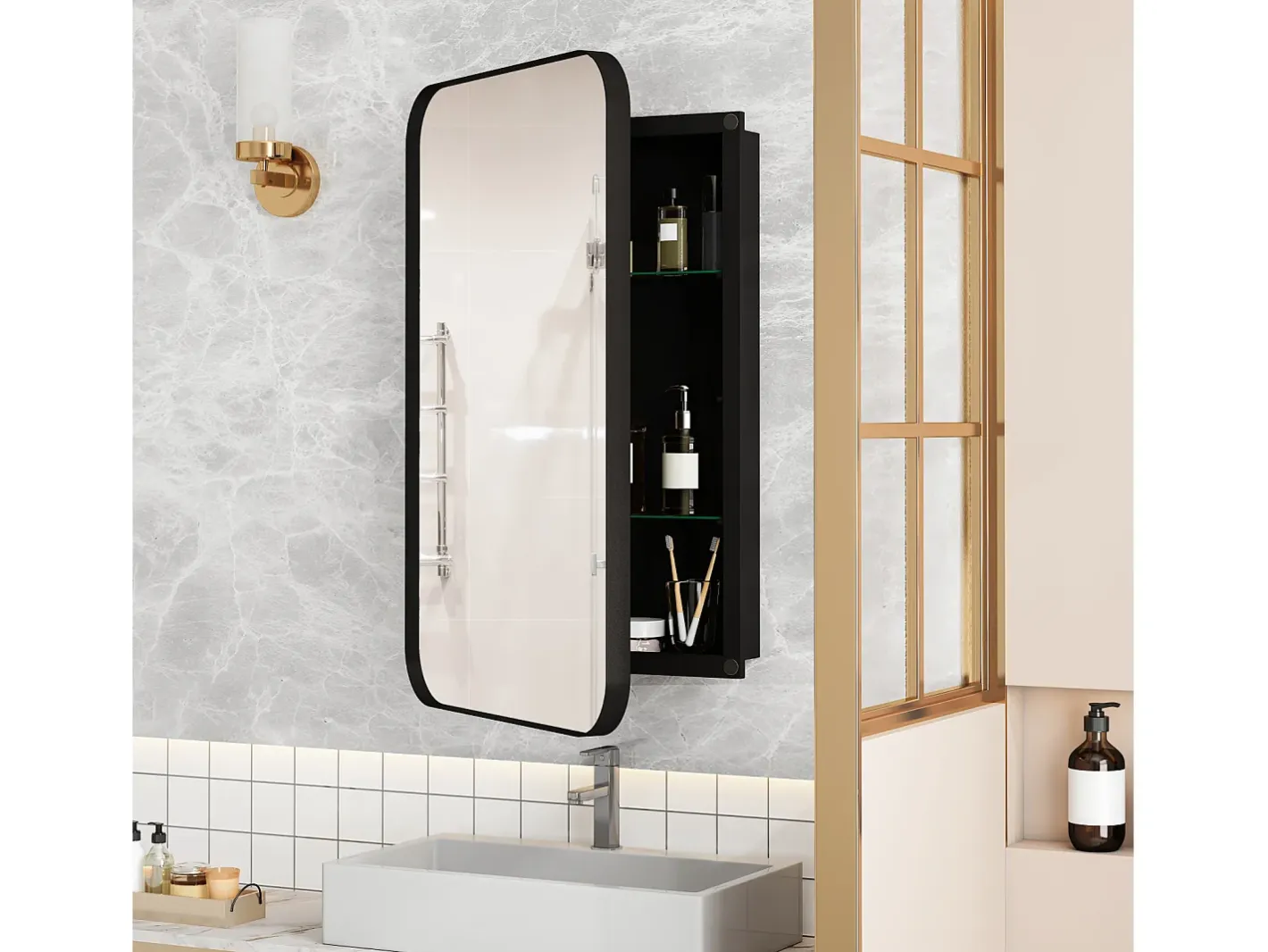 Best Espejo de baño - Mueble con espejo - Estante regulable - 76 x 51 cm - Negro