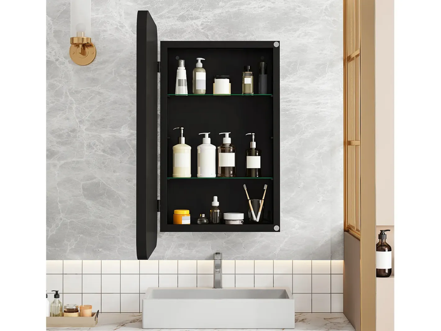 Best Espejo de baño - Mueble con espejo - Estante regulable - 76 x 51 cm - Negro