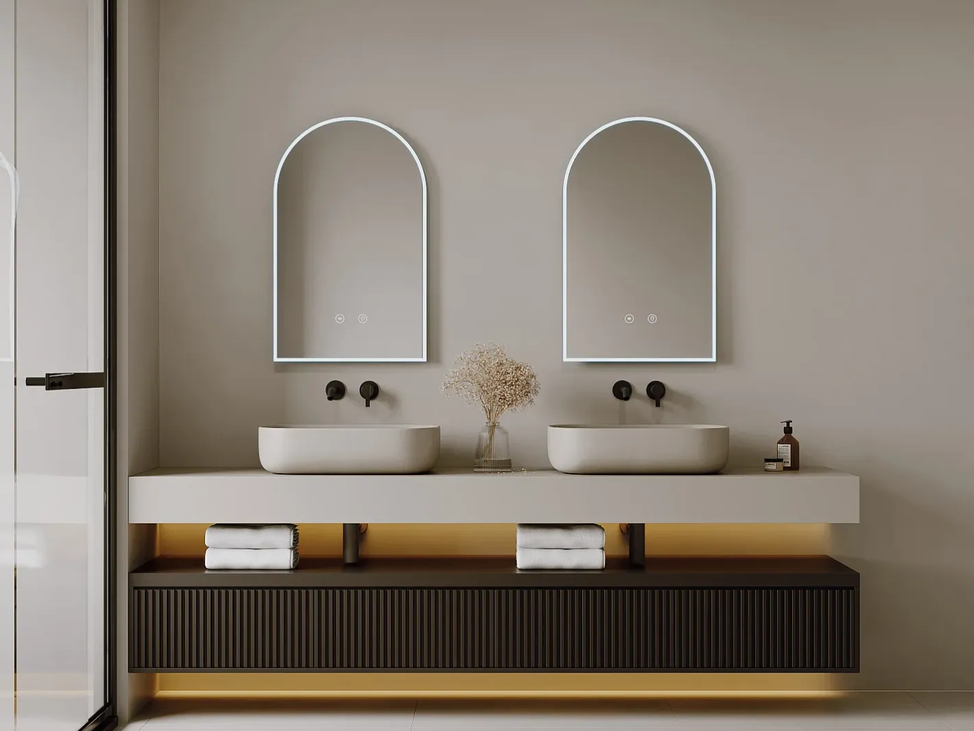 Clearance OZAIA Espejo de baño con forma de arco antivaho con luces LED, Ancho 50 cm, ARCADI Transparente