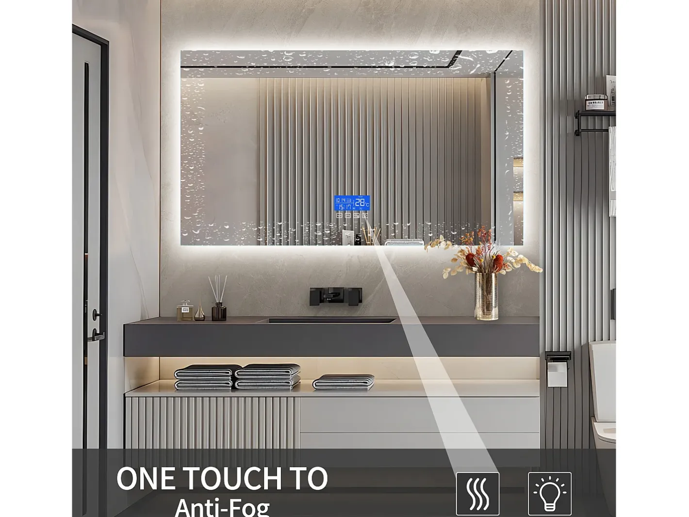 Online Espejo de baño con iluminación - 100 x 60 cm - Espejo de baño LED - con toque, antivaho, reloj, temperatura, regulable Transparente
