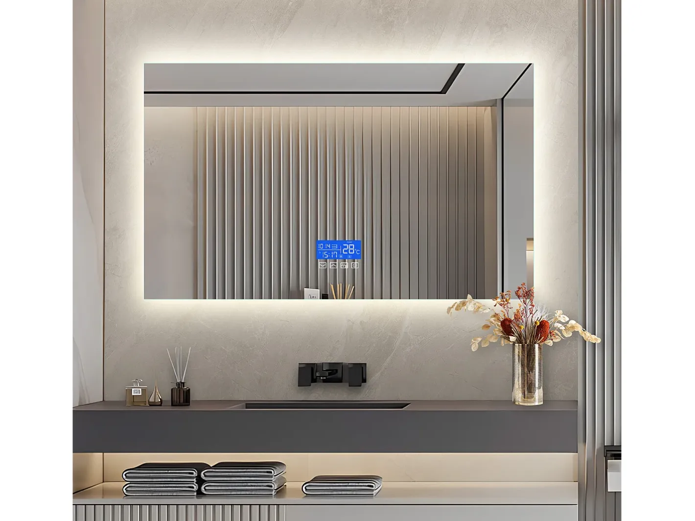 Online Espejo de baño con iluminación - 100 x 60 cm - Espejo de baño LED - con toque, antivaho, reloj, temperatura, regulable Transparente