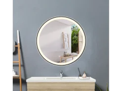 Espejo-Espejo de baño con Led,70 x 70 cm, Luz led con tres colores,Con función antivaho, bluetooth , reloj digital.Marco negro, diseño contemporáneo. Transparente