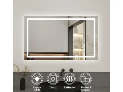 Espejo de baño con Led,100 x 80 cm, luz blanca, rectangular, Con función antivaho, memoria agapada, brillo ajustable. Transparente Hot