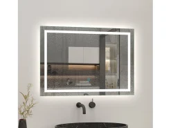 Espejo-Espejo de baño con Led,80 x 60 cm, luz blanca, rectangular, Con función antivaho, memoria agapada, brillo ajustable. Transparente