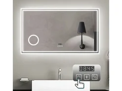 Espejo-Espejo de baño con Led,140 x 80 cm, Luz led con tres colores,Con función antivaho,reloj digital, bluetooth y Lupa de aumento 3x. Transparente