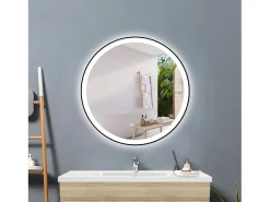 Sale Espejo de baño con Led,80 x 80 cm, Luz led con tres colores,Con función antivaho,memoria agapada y brillo ajustable.Marco negro, diseño contemporáneo. Transparente
