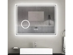 Espejo de baño con Led,80 x 60 cm, Luz led con tres colores,Con función antivaho,reloj digital, bluetooth y Lupa de aumento 3x. Transparente Sale