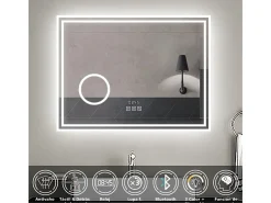 Espejo de baño con Led,80 x 60 cm, Luz led con tres colores,Con función antivaho,reloj digital, bluetooth y Lupa de aumento 3x. Transparente Sale