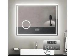 Espejo de baño con Led,80 x 60 cm, Luz led con tres colores,Con función antivaho,reloj digital, bluetooth y Lupa de aumento 3x. Transparente Sale