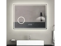 Espejo de baño con Led,80 x 60 cm, Luz led con tres colores,Con función antivaho,reloj digital, bluetooth y Lupa de aumento 3x. Transparente Sale