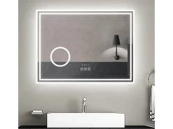 Espejo de baño con Led,80 x 60 cm, Luz led con tres colores,Con función antivaho,reloj digital, bluetooth y Lupa de aumento 3x. Transparente Sale