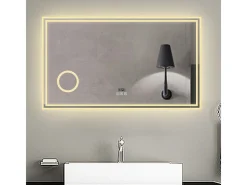 Espejo-Espejo de baño con Led,160 x 80 cm, Luz led con tres colores,Con función antivaho,reloj digital, bluetooth y Lupa de aumento 3x. Transparente