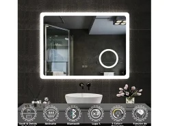 Espejo de baño con Led,80 x 60 cm, Luz led con tres colores,Con función antivaho, bluetooth y Lupa de aumento 3x. Transparente Sale