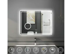 Espejo de baño con Led,80 x 60 cm, Luz led con tres colores,Con función antivaho, bluetooth y Lupa de aumento 3x. Transparente