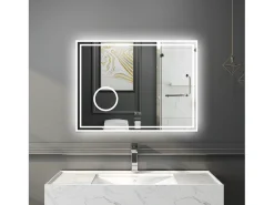 Espejo de baño con Led,80 x 60 cm, Luz led con tres colores,Con función antivaho, bluetooth y Lupa de aumento 3x. Transparente