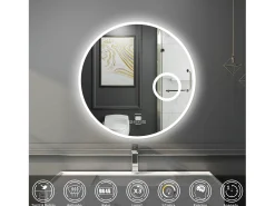 Clearance Espejo de baño con Led,70 x 70 cm, Luz led con tres colores,Con función antivaho, bluetooth , reloj digital. Transparente