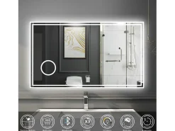 Espejo de baño con Led,120 x 70 cm, Luz led con tres colores,Con función antivaho, bluetooth y Lupa de aumento 3x. Transparente Online