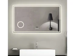 Outlet Espejo de baño con Led,120 x 70 cm, Luz led con tres colores,Con función antivaho,reloj digital, bluetooth y Lupa de aumento 3x. Transparente