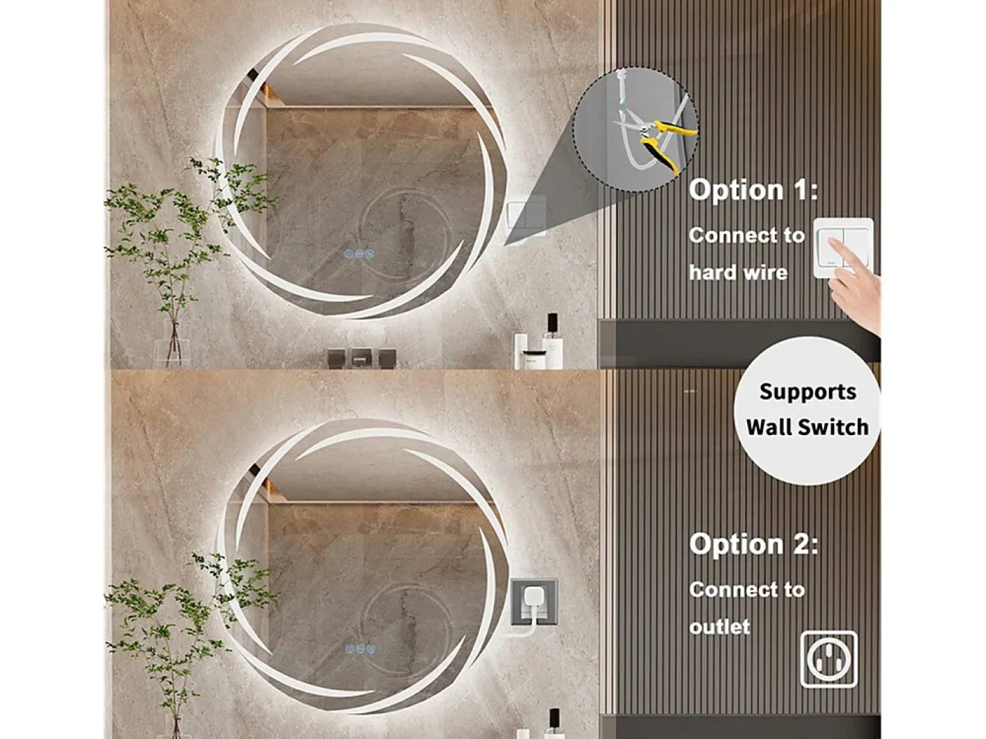 Fativo Espejo-Espejo de baño de pared, espejo conectado LED, espejo antivaho iluminado, espejo de tocador con 3 pantallas táctiles, 80x80cm Plateado