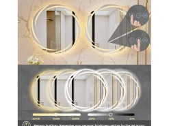 Fativo Espejo-Espejo de baño de pared, espejo conectado LED, espejo antivaho iluminado, espejo de tocador con 3 pantallas táctiles, 80x80cm Plateado