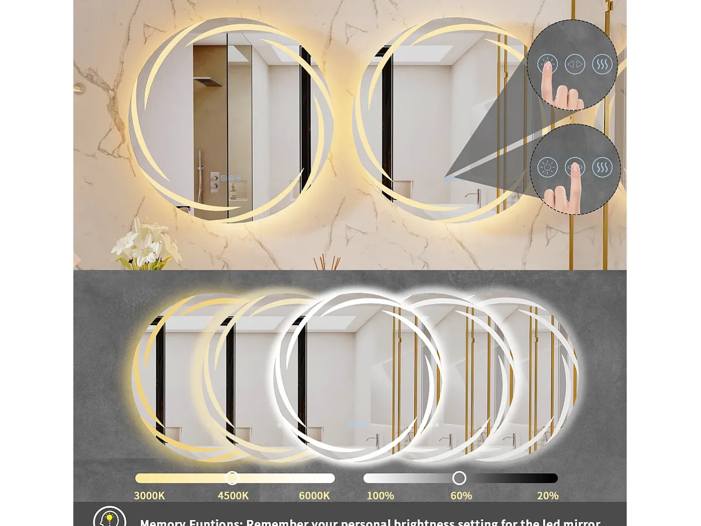 Fativo Espejo-Espejo de baño de pared, espejo conectado LED, espejo antivaho iluminado, espejo de tocador con 3 pantallas táctiles, 80x80cm Plateado