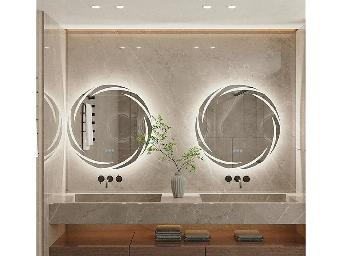 Fativo Espejo-Espejo de baño de pared, espejo conectado LED, espejo antivaho iluminado, espejo de tocador con 3 pantallas táctiles, 80x80cm Plateado