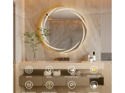 Fativo Espejo-Espejo de baño de pared, espejo conectado LED, espejo antivaho iluminado, espejo de tocador con 3 pantallas táctiles, 80x80cm Plateado