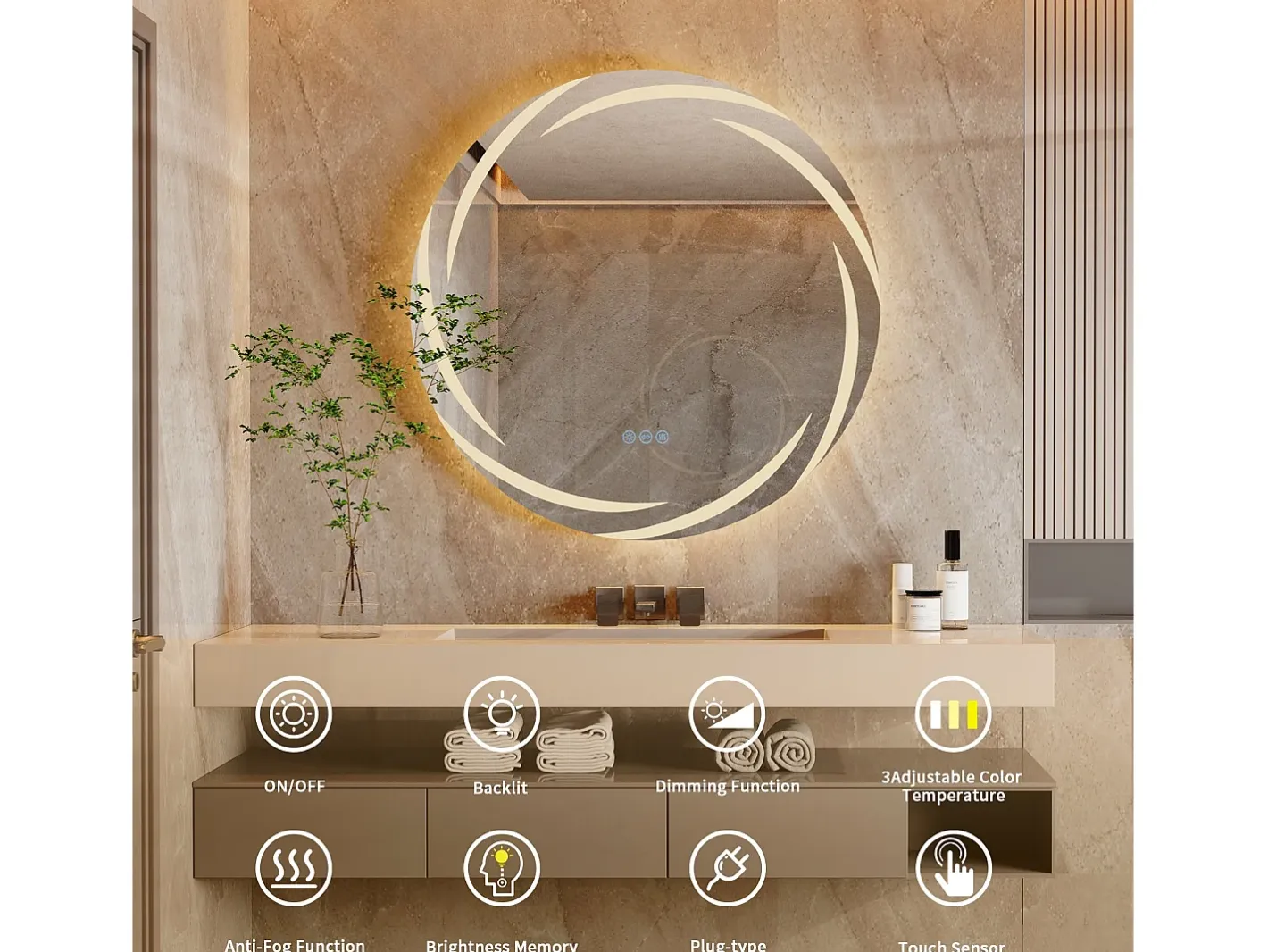 Fativo Espejo-Espejo de baño de pared, espejo conectado LED, espejo antivaho iluminado, espejo de tocador con 3 pantallas táctiles, 80x80cm Plateado