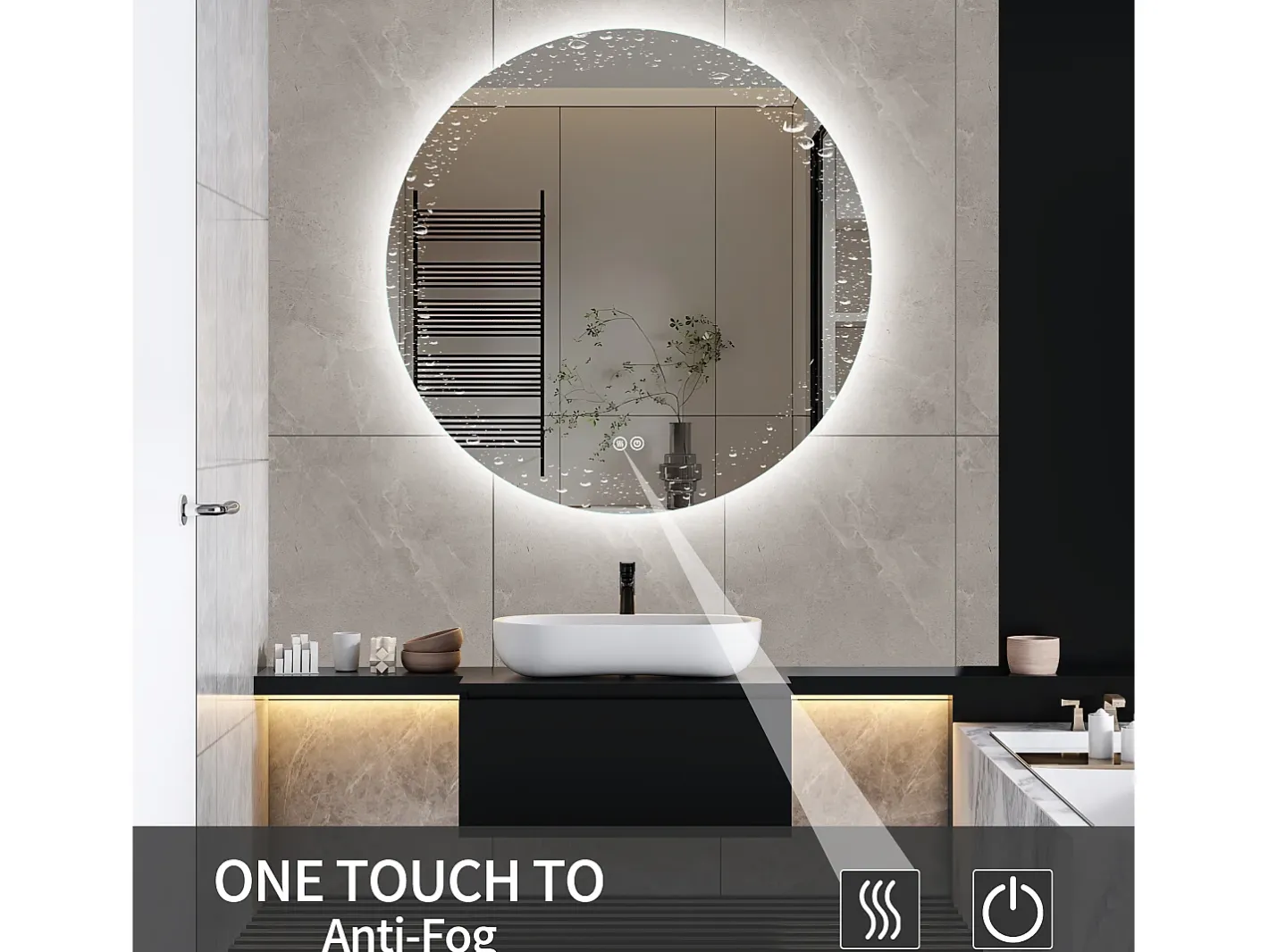 Espejo de baño, función antivaho, ajuste de brillo de tres velocidades, D80cm Blanco New