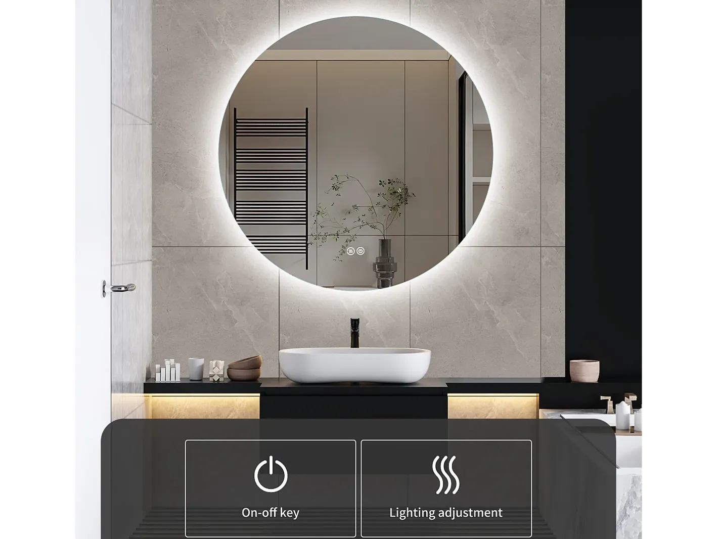 Espejo de baño, función antivaho, ajuste de brillo de tres velocidades, D80cm Blanco New