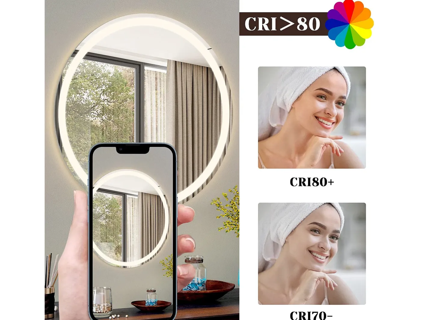 Outlet NETTLIFE Espejo de baño iluminado - Redondo 80 cm LED, IP44, interruptor táctil, antivaho, ajustable 3000K-6500K Transparente