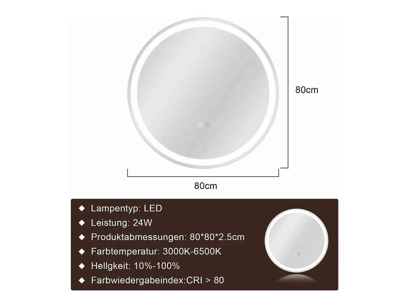 Outlet NETTLIFE Espejo de baño iluminado - Redondo 80 cm LED, IP44, interruptor táctil, antivaho, ajustable 3000K-6500K Transparente
