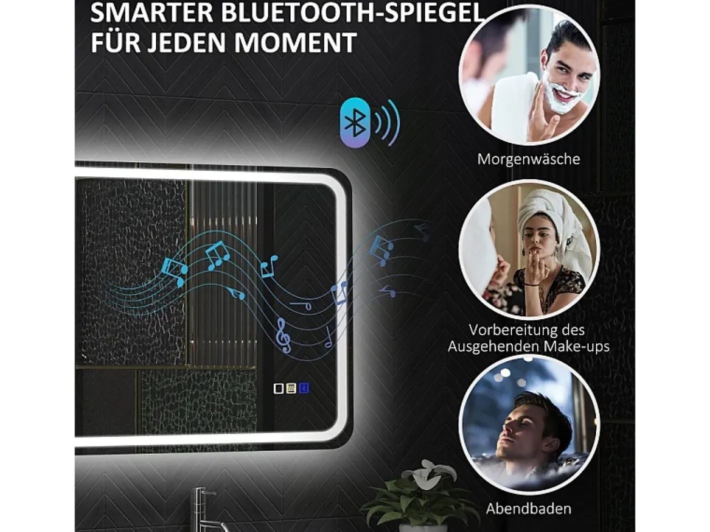 Espejo-Espejo de baño LED con Bluetooth, 3 colores de luz, función de memoria, (70 x 50 x 3,5 cm) Plateado