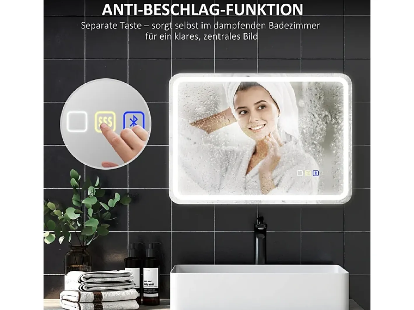 Espejo-Espejo de baño LED con Bluetooth, 3 colores de luz, función de memoria, (70 x 50 x 3,5 cm) Plateado