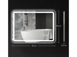 Espejo-Espejo de baño LED con Bluetooth, 3 colores de luz, función de memoria, (70 x 50 x 3,5 cm) Plateado
