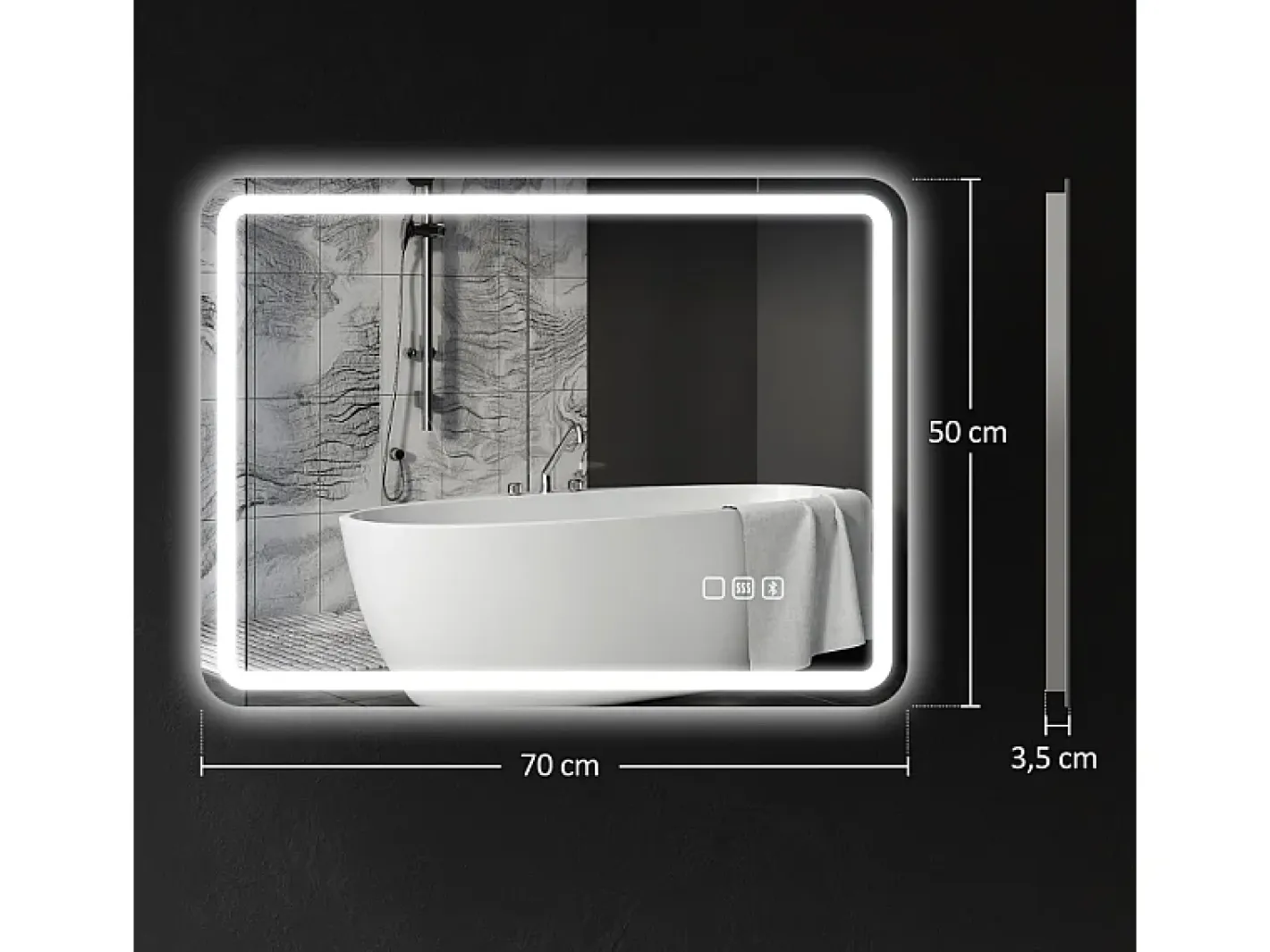 Espejo-Espejo de baño LED con Bluetooth, 3 colores de luz, función de memoria, (70 x 50 x 3,5 cm) Plateado