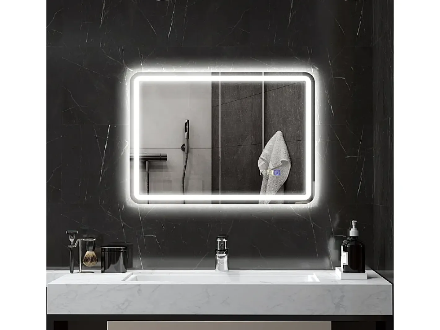Espejo-Espejo de baño LED con Bluetooth, 3 colores de luz, función de memoria, (70 x 50 x 3,5 cm) Plateado