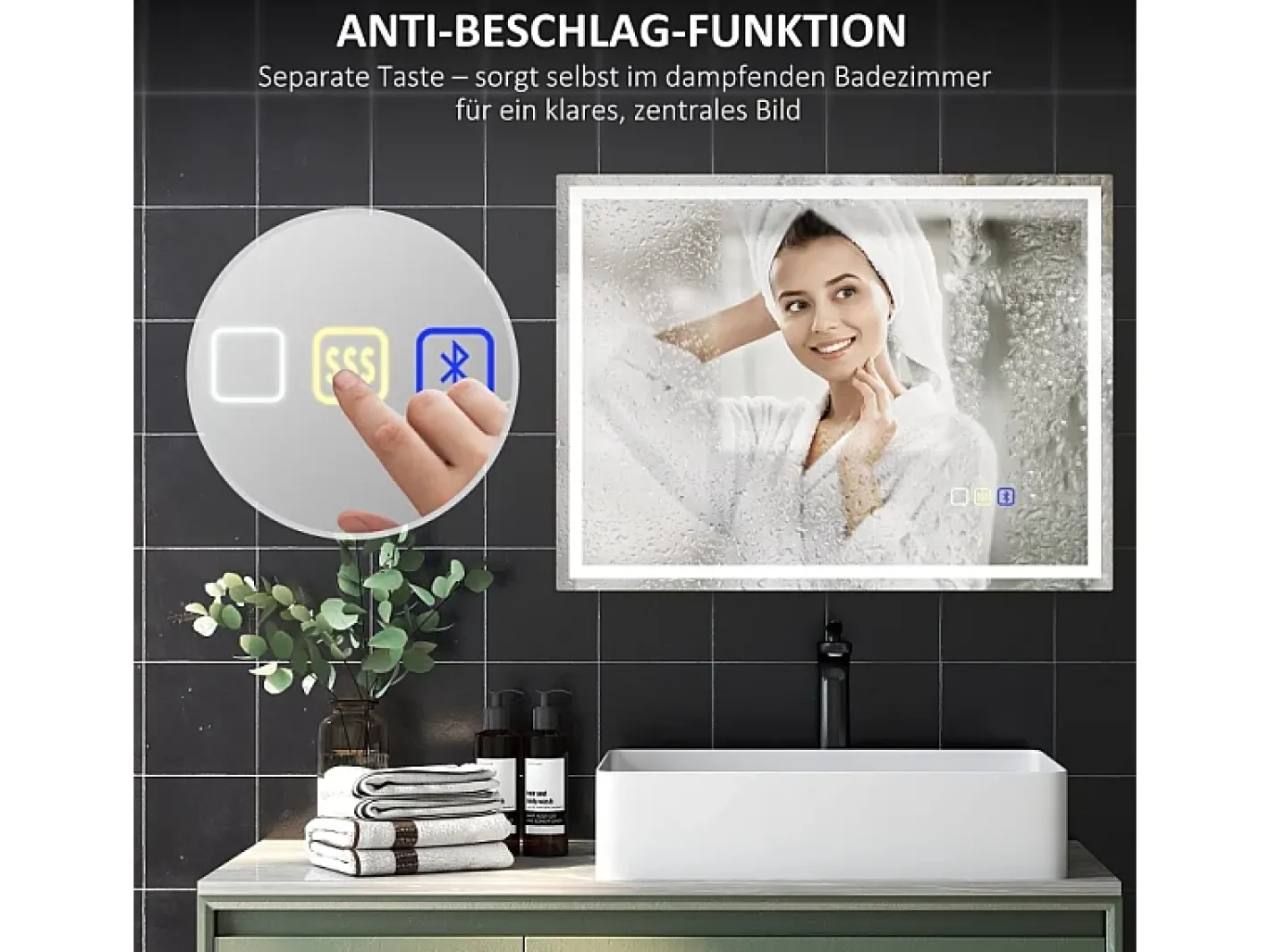 Espejo-Espejo de baño LED con Bluetooth, función de memoria, 3 colores de iluminación, (80 x 60 x 3,5 cm) Plateado