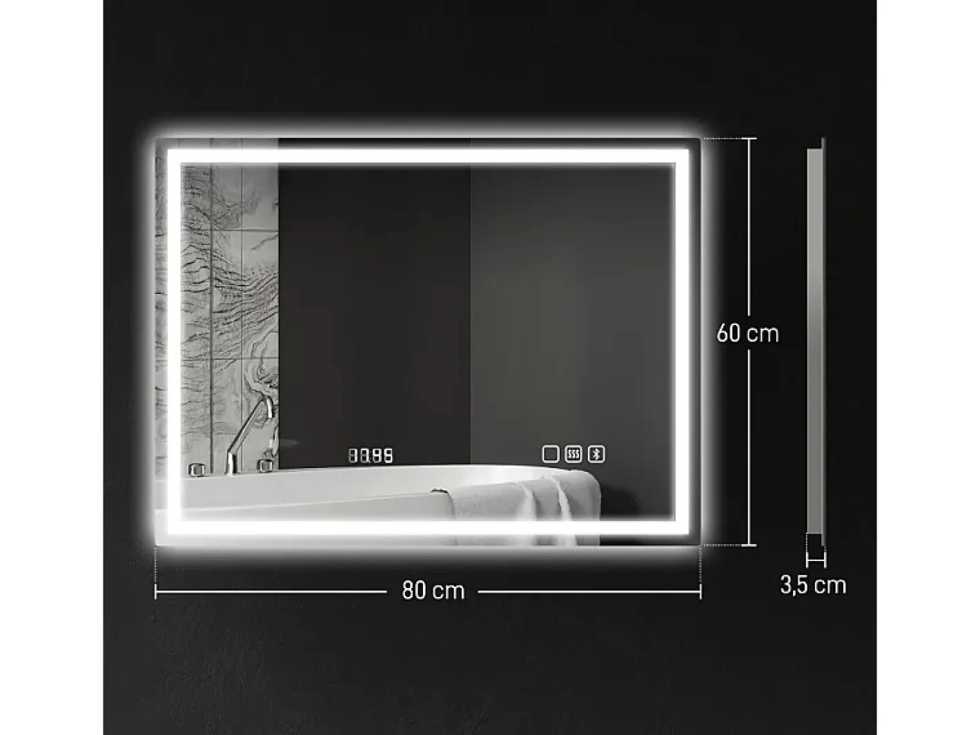 Espejo-Espejo de baño LED con Bluetooth, función de memoria, 3 colores de iluminación, (80 x 60 x 3,5 cm) Plateado