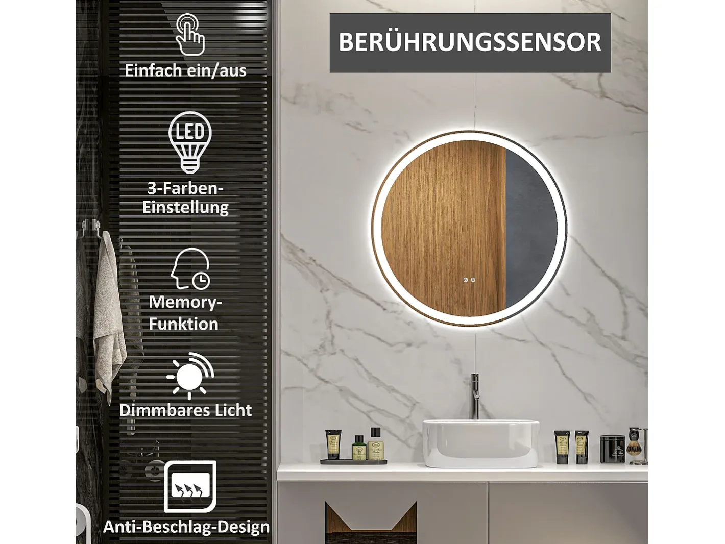 Espejo de baño LED, función táctil, antivaho, marco de aluminio, (Ø60x3 cm) Blanco Sale